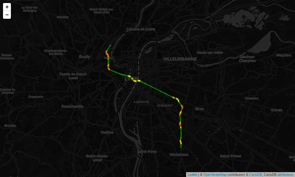 Map of the curvature of Lyon metro line D.